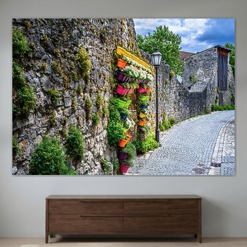 Verticale tuin met kleurrijke bloempotten op de stadsmuur van