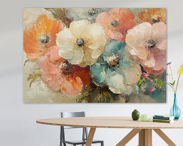 Peinture de fleurs | Fleurs abstraites orange et bleues sur Art Merveilleux