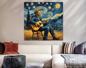 Abstrakte Gitarrist unter sternenklare Nacht - Emotional Art Painting