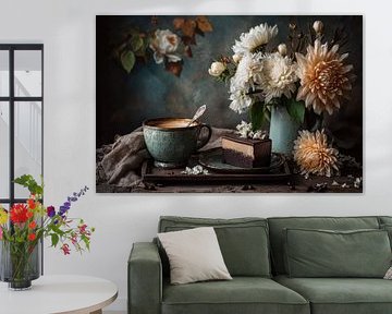 Coffee and Cake with Flowers - Elegant Painting by Joriali photography and paintings