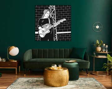 Zwart-wit illustratie van vrouwelijke muzikant die elektrische gitaar speelt op het podium. van riz_studio