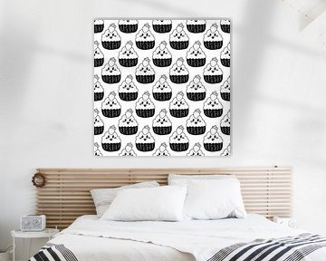 Motif sans couture en noir et blanc de mignons cupcakes de dessins animés avec garniture à la fraise.