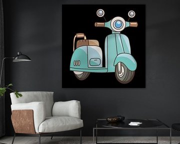 Mignon scooter de dessin animé bleu clair avec des accents bruns et un style classique. sur riz_studio