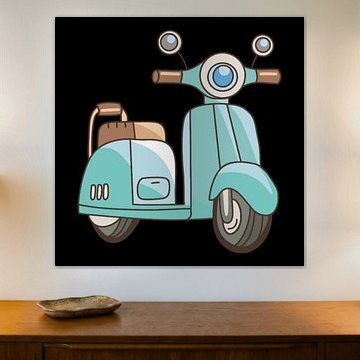 Mignon scooter de dessin animé bleu clair avec des accents bruns et un style classique.