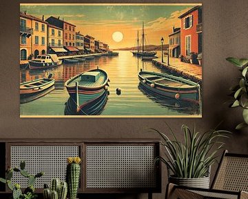 Weinlese-Hafen-Sonnenuntergang-Poster