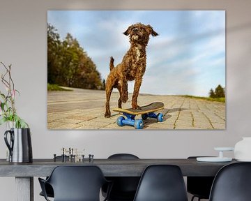 Bossipoo staat buiten met één poot op een skateboard