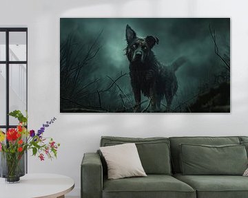 Zombiehond in mistig landschap met donkere takken