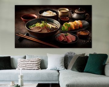Japanese cuisine with ramen, rice and sushi