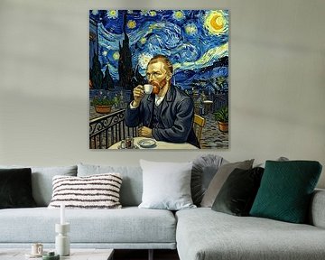 Man drinkt koffie onder een sterrenhemel - Abstract Expressive Art