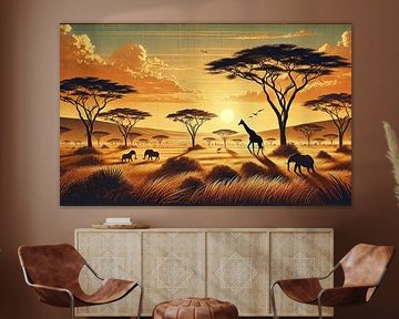 Vintage Kenia, Savannah Sonnenaufgang Poster von Chromatic Fusion Studio