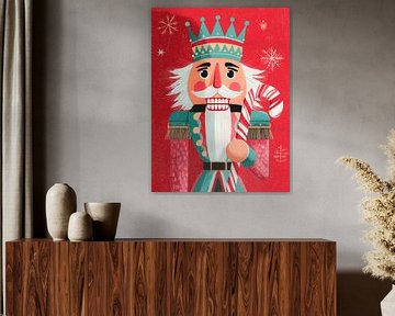 Festlicher Nussknacker mit Krone und Zuckerstange auf rotem Hintergrund voller Weihnachtszauber