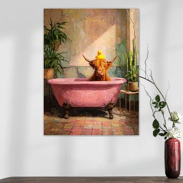 Schotse hooglander in roze vintage badkuip met badeend in zonovergoten interieur van But First Framing
