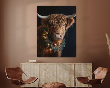 Schottischer Highlander mit Weihnachtskranz und warmen Lichtern vor dunklem Hintergrund