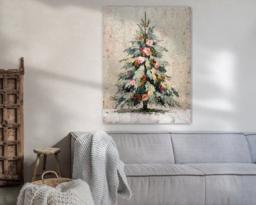 Romantische kerstboom met rozen in zachte pasteltonen, geschilderd in klassieke olieverfstijl van But First Framing