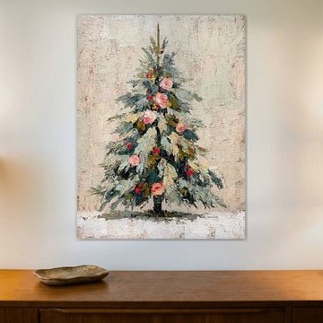 Romantic Christmas tree with roses in soft pastel tones, painted in classic oil style by But First Framing
