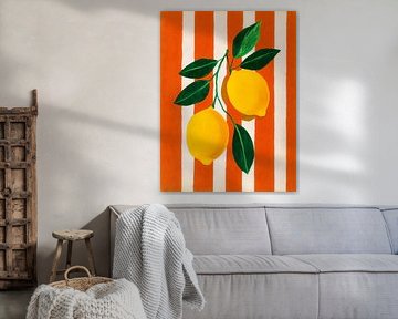 Zwei Zitronen mit grünen Blättern vor orange-weiß gestreiftem Hintergrund im modernen Kunststil