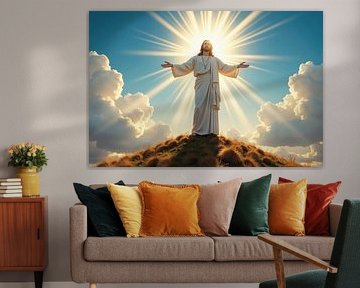 Afbeelding van Jezus Christus op heuveltop met stralend zonlicht en C van Markus Gann