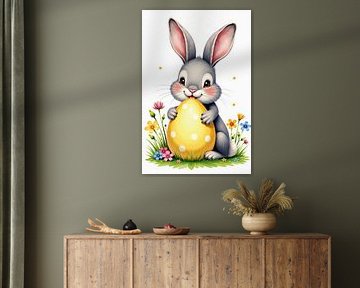 Grauer Hase mit gelbem Osterei und Frühlingsblumen von Markus Gann