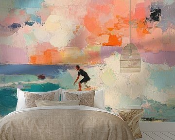 Surfers in pastelkleurige golven