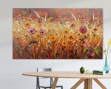 Stimmungsvolles Herbstbild: Feld mit Gräsern und Blumen.