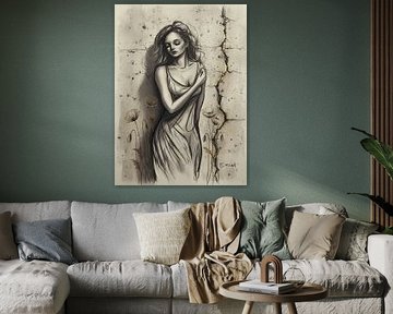 Vrouw bij muur met klaprozen