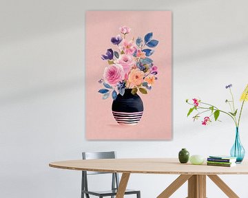 Vase rayé avec fleurs bleu marine et rose n°1
