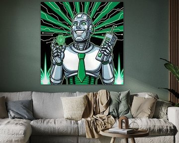 Roboter-Geschäftsmann hält Chip und Vintage-Handy
