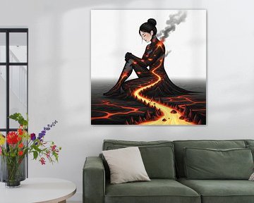 Feurige Lavafrau sitzend, ein Vulkan der Gefühle