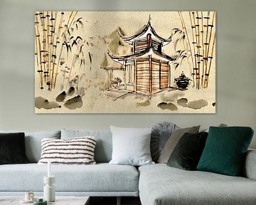 Tinten-Aquarell: Orientalisches Teehaus mit Bambus im Sumi-e-Stil