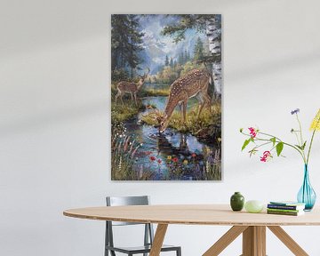 Paysage de montagne avec des cerfs au bord d'un ruisseau sur Arjen Roos