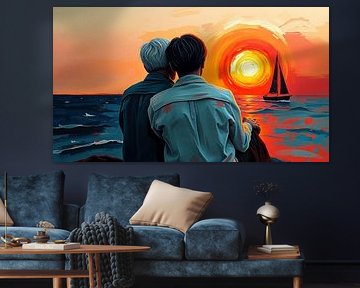 Two men captured in the tenderness of the evening light: two lovers by the sea, caught between the almost visible sun, the golden reflection and the gentle movement of the waves by AidasignArt