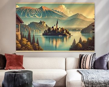 Vintage Slovenië, Meer van Bled Poster van Chromatic Fusion Studio