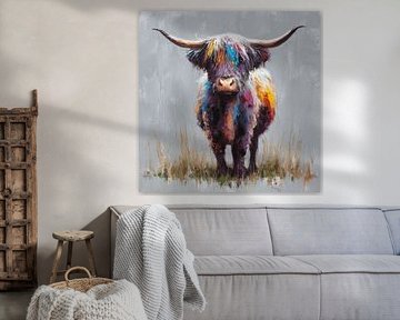 Scottish Highlander in Colourful Contrast on Grey Background by Eva Lee