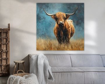 Schotse Hooglander in Veld onder Blauwe Luchten van Eva Lee