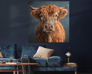 Scottish Highlander in Rich Curls on Dark Background by Eva Lee