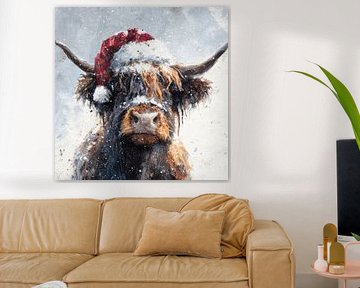Schotse Hooglander Winterportret met Kerstmuts van Eva Lee