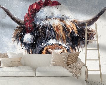 Schotse Hooglander Winterportret met Kerstmuts