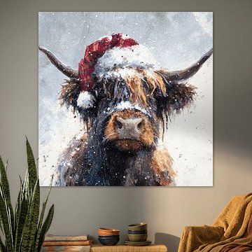 Schottischer Highlander Winterporträt mit Weihnachtsmannmütze
