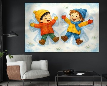 Vrienden maken sneeuw engeltjes (AI) (jongen, Chinees, vrolijk, sneeuw, winter, spelen, kinderkamer, kinderen, plezier, Kerstmis, kinderkunst, engel)