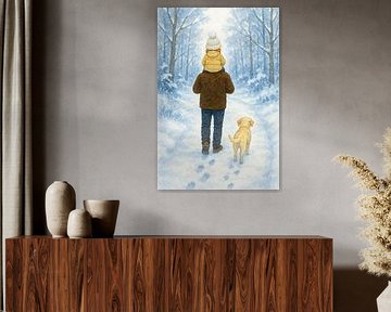 Winterwandeling met papa en hond (AI) (sneeuw, labrador, winter, bos, Vaderdag, liefdevol, vader, kind, natuur, spelen)