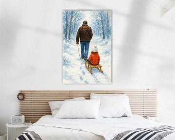 Vader trekt de slee door het winter bos (AI) (kind, papa, sneeuw, wandeling, Vaderdag, sneeuwpret, schattig, familie, liefdevol, kinderkamer) van Natalie Bruns