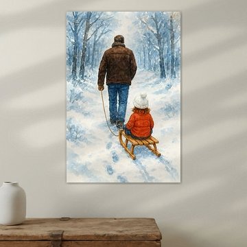 Père tirant la luge à travers la forêt hivernale (AI) (enfant, père, neige, marche)