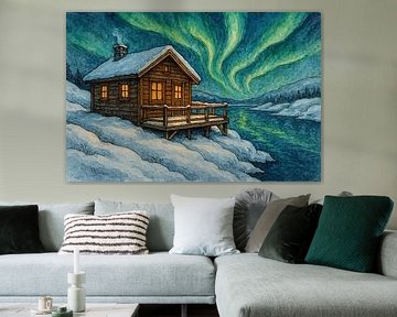 Houten huisje onder het noorderlicht (AI) (sneeuw, aurora borealis, poollicht, tiny house, winter wonderland, mancave, Noorwegen, Zweden, houten cabin) van Natalie Bruns