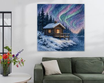 Noorderlicht aan het meer (AI) (winteravond, houten, huis, aurora borealis, poollicht) van Natalie Bruns