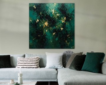 Abstract impressionistisch schilderij van smaragdgroen en bladgoud op canvas
