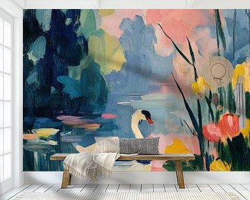 Elegante zwaan in een pasteltuin