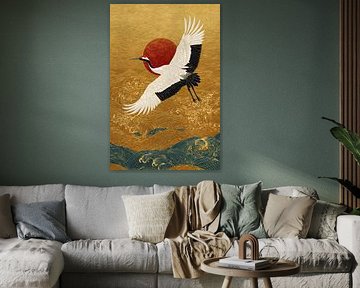 schilderacgtig Japan kraanvogel met zon van Egon Zitter