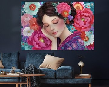 schilderacgtig Japan vrouw met bloemen van Egon Zitter