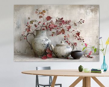 Wabi Sabi still life with jars and red berries - soothing artwork by Joriali photography and paintings