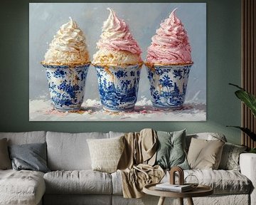 Some delft blue ice cream cups with ice cream balls and whipped cream. by J.a Dijkstra